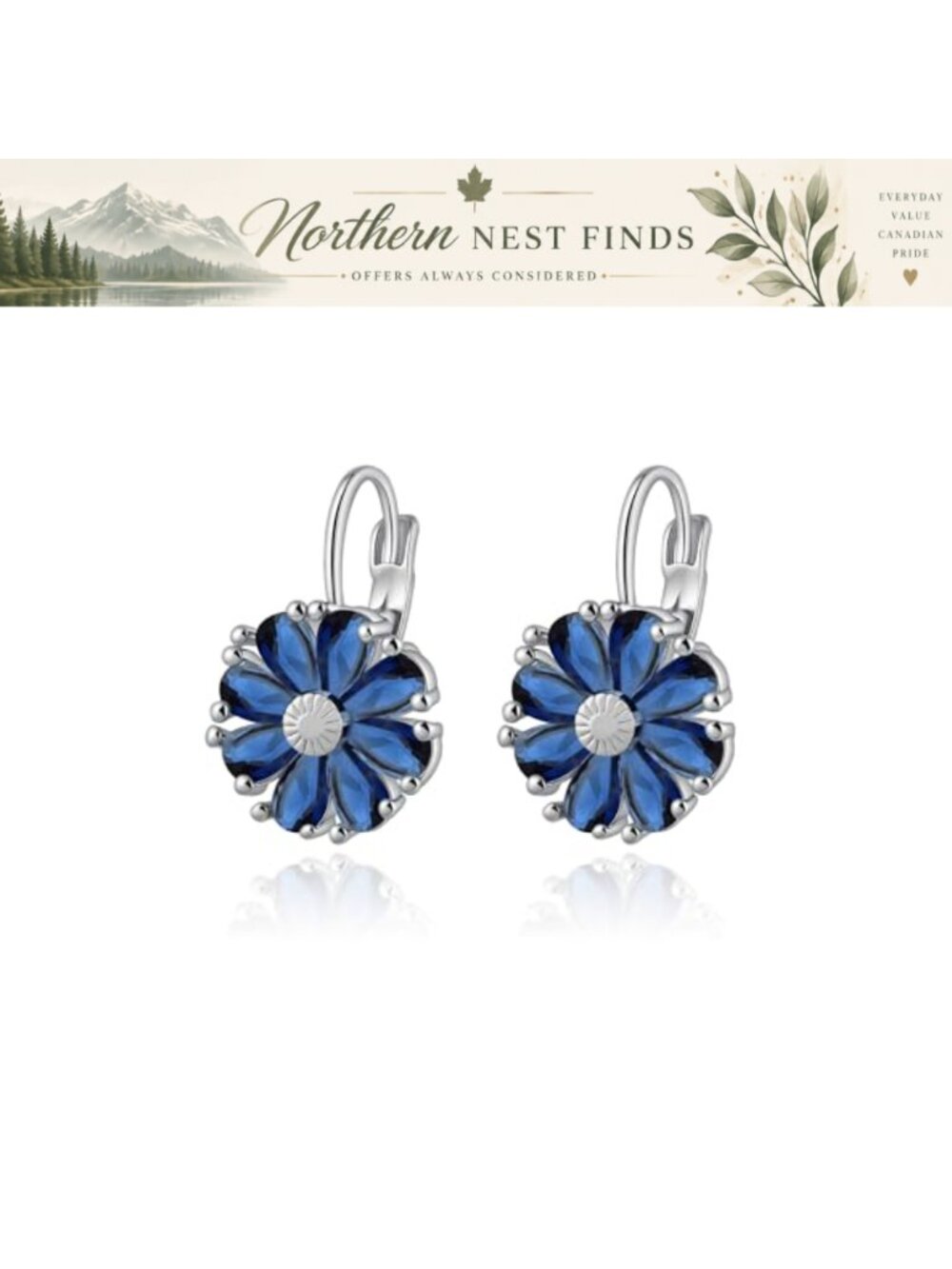 Silver Flower Earrings Sapphire Birthstone Leverback Hypoallergenic Jewelry